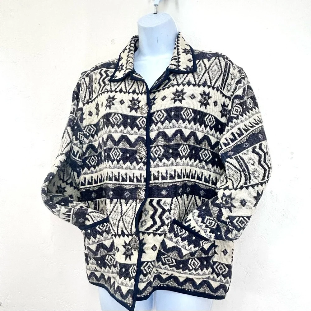 Jane Ashley Tapestry Jacket size M Button Front Aztec Southwestern Navy White